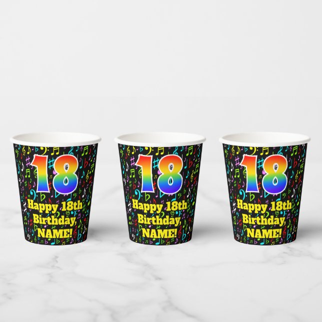 18th Birthday: Fun Music Notes Pattern, Rainbow 18 Paper Cups (Multi)