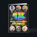 18th Birthday: Fun Rainbow #, Custom Name & Photos Card<br><div class="desc">The front of this bold and cheerful birthday greeting card design features a big number “18“ with a colourful rainbow spectrum inspired gradient pattern, along with the message “HAPPY 18th BIRTHDAY, ” and a personalised name, on a pattern inspired by bursting multicolored fireworks. Near the top and the bottom of...</div>