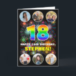 18th Birthday: Fun Rainbow #, Custom Name & Photos Card<br><div class="desc">The front of this bold and cheerful birthday greeting card design features a big number “18“ with a colourful rainbow spectrum inspired gradient pattern, along with the message “HAPPY 18th BIRTHDAY, ” and a personalised name, on a pattern inspired by bursting multicolored fireworks. Near the top and the bottom of...</div>