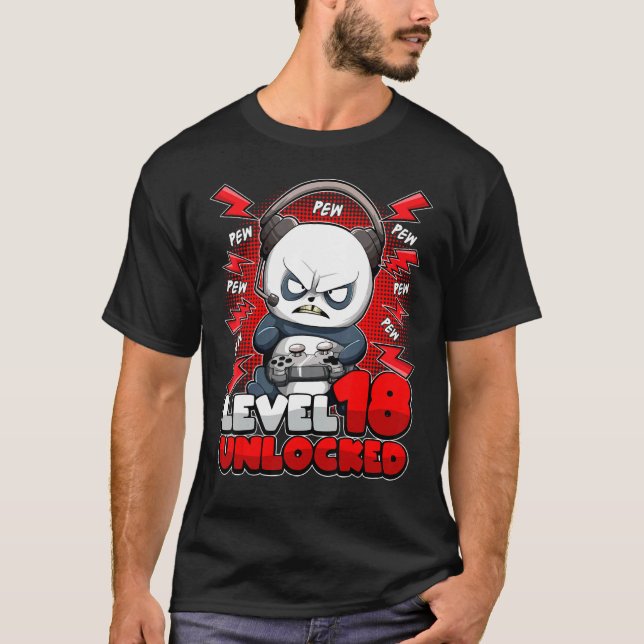 18th Birthday Gamer Panda Level 18 Unlocked Gaming T-Shirt (Front)