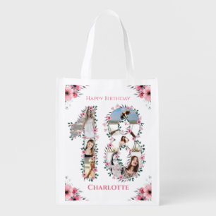 18th Birthday Girl Photo Collage Pink Flower White Reusable Grocery Bag