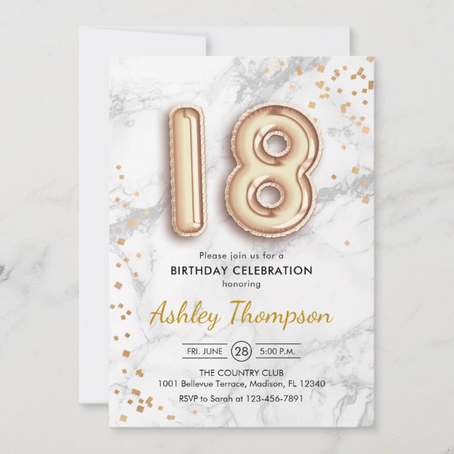 18th Birthday - Gold Balloons Marble Effect Invitation (Front)
