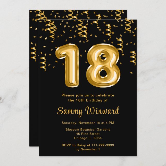 18th Birthday Gold Balloons with Confetti Invitation (Front/Back)