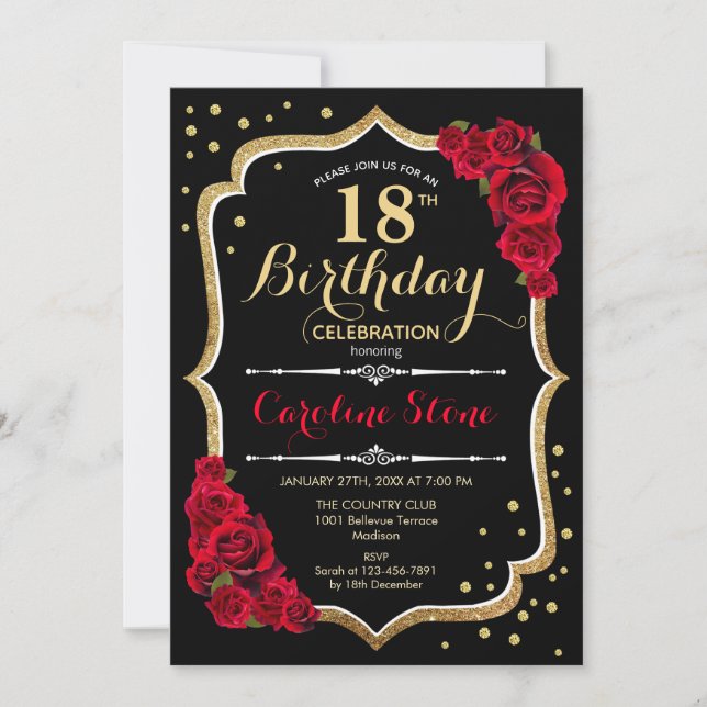 18th Birthday - Gold Black Red Roses Invitation (Front)