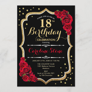 18th Birthday - Gold Black Red Roses Invitation