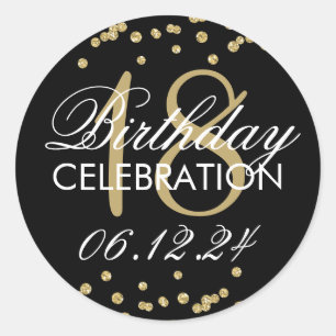 18th Birthday Gold Faux Glitter Confetti Black Classic Round Sticker