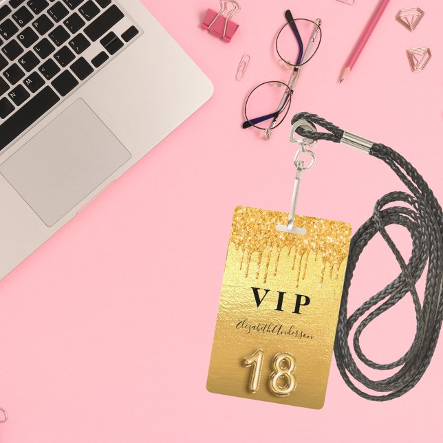 18th birthday gold glitter drips metallic ID badge (Creator Uploaded)