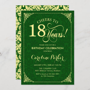 18th Birthday - Gold Green Damask Invitation