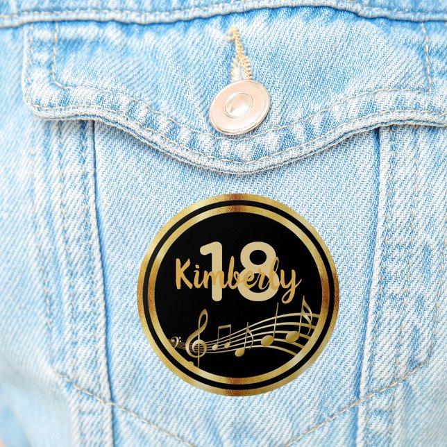 18th birthday gold music notes on stylish black 6 cm round badge (Creator Uploaded)