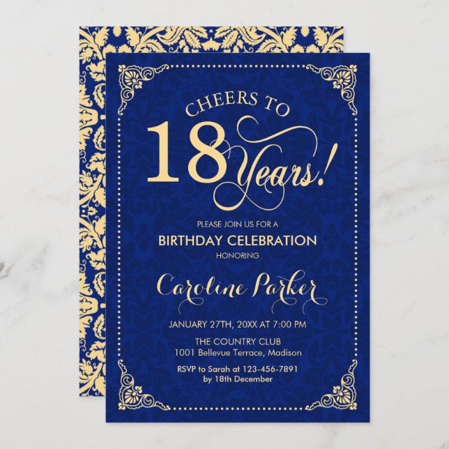 18th Birthday - Gold Navy Blue Damask Invitation (Front/Back)