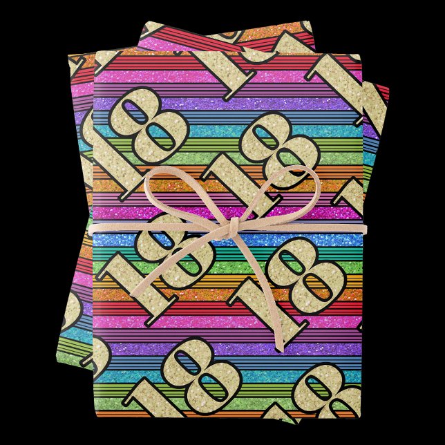 18th Birthday Gold Numbers Rainbow Stripe Glitter Wrapping Paper Sheet (Creator Uploaded)
