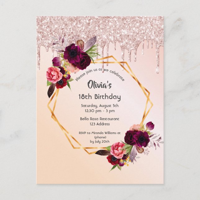 18th birthday gold pink burgundy invitation postcard (Front)