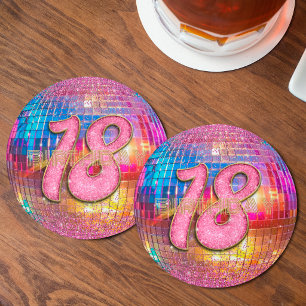 18th Birthday Gold Pink Glitter Dancing Disco Ball Round Paper Coaster