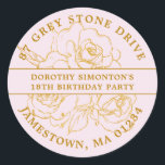 18th Birthday Gold Rose Return Address Label<br><div class="desc">Add a special touch to all your 18th birthday invitation envelopes with this elegant round design. It features a bouquet of gold roses in the centre. Open line art gives it a vintage botanical vibe. The birthday celebrant's name and 18th birthday party are written across the centre. Your address is...</div>