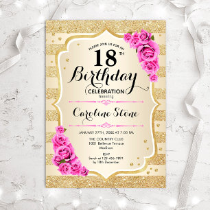 18th Birthday - Gold Stripes Pink Roses Invitation