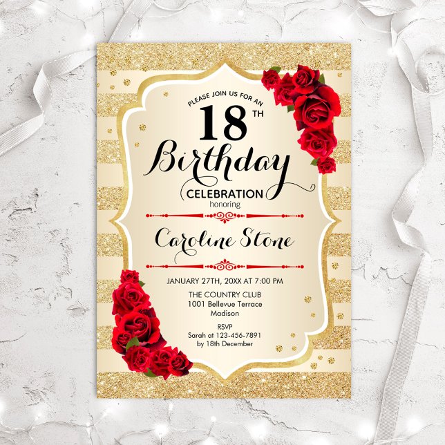 18th Birthday - Gold Stripes Roses Invitation (Creator Uploaded)