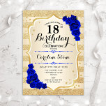 18th Birthday - Gold Stripes Royal Blue Roses Invitation<br><div class="desc">18th Birthday Invitation. Elegant design in gold and royal blue. Features faux glitter gold stripes,  sapphire roses stylish script font and confetti. Perfect for a glam birthday party.</div>