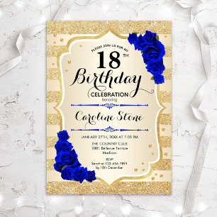 18th Birthday - Gold Stripes Royal Blue Roses Invitation