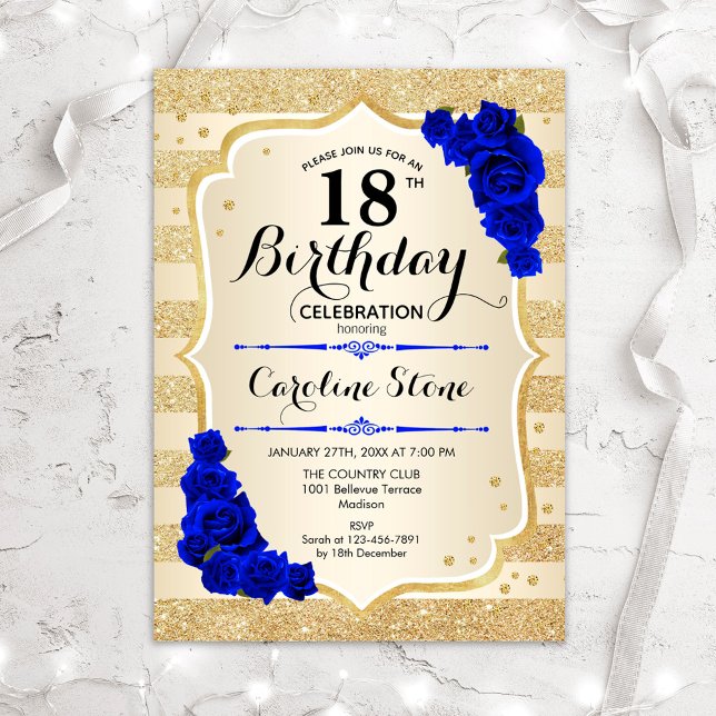 18th Birthday - Gold Stripes Royal Blue Roses Invitation (Creator Uploaded)