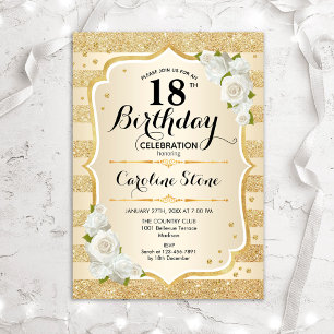 18th Birthday - Gold Stripes White Roses Invitation