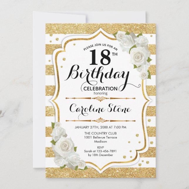 18th Birthday - Gold White Stripes Roses Invitation (Front)