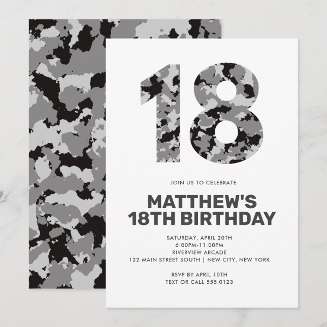 18TH Birthday, Grey Camo Personalised Teen Invitation (Front/Back)