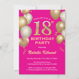 18th Birthday Hot Pink and Gold Glitter Balloons Invitation