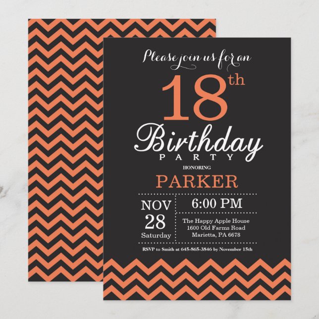 18th Birthday Invitation Black and Coral Chevron (Front/Back)