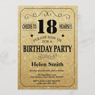 18th Birthday Invitation Black and Gold Glitter