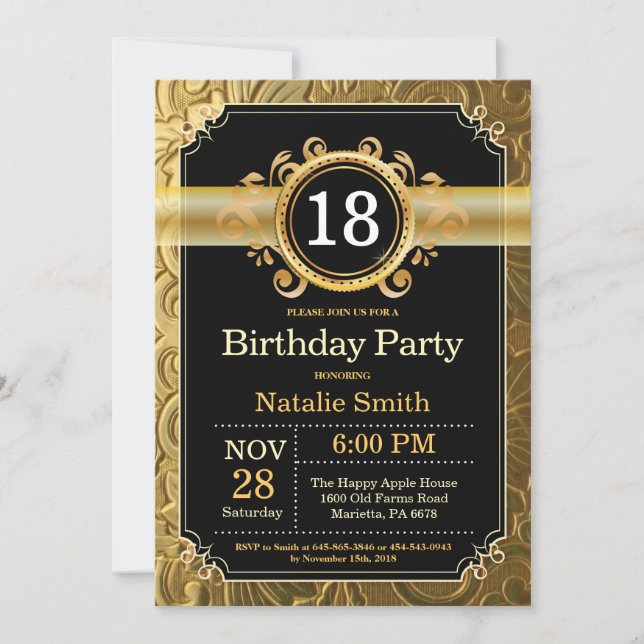 18th Birthday Invitation Black and Gold Glitter (Front)