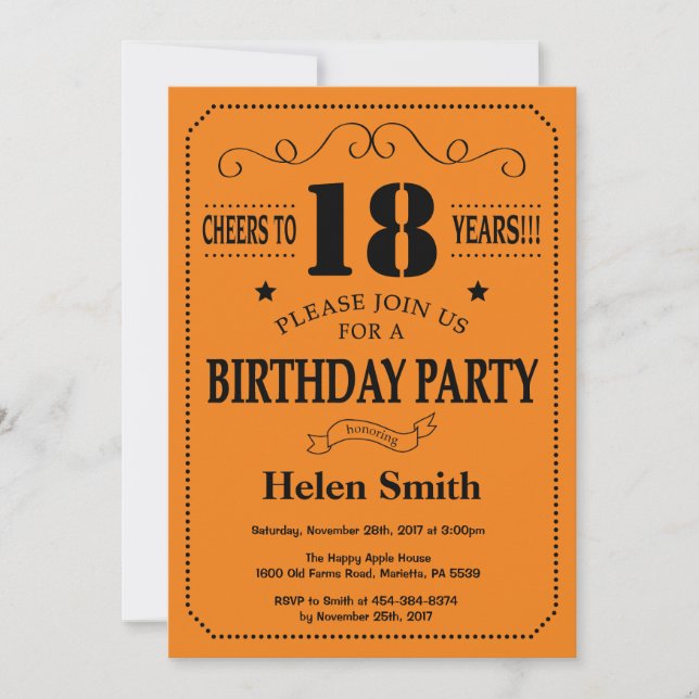 18th Birthday Invitation Black and Orange (Front)