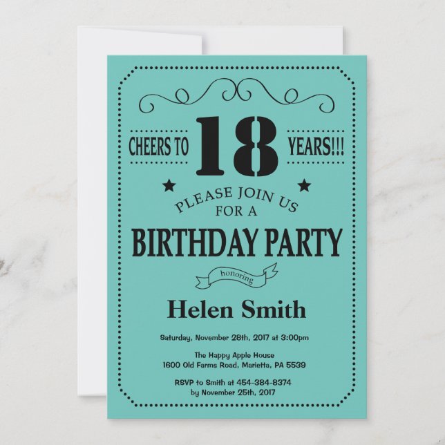 18th Birthday Invitation Black and Teal (Front)