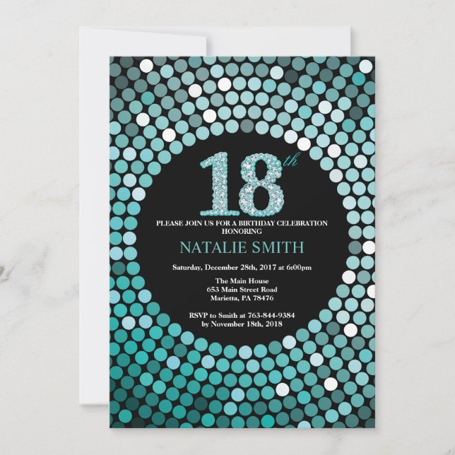 18th Birthday Invitation Black and Teal Glitter (Front)