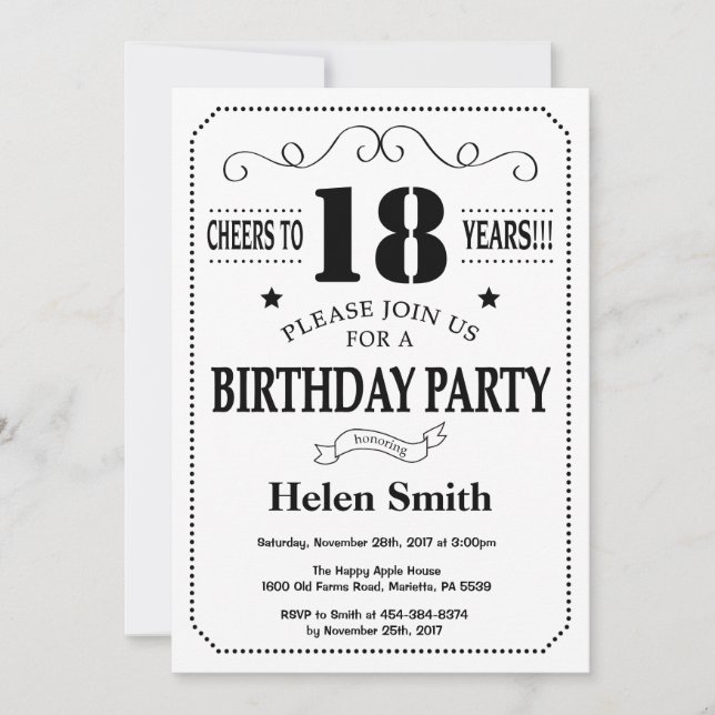18th Birthday Invitation Black and White (Front)