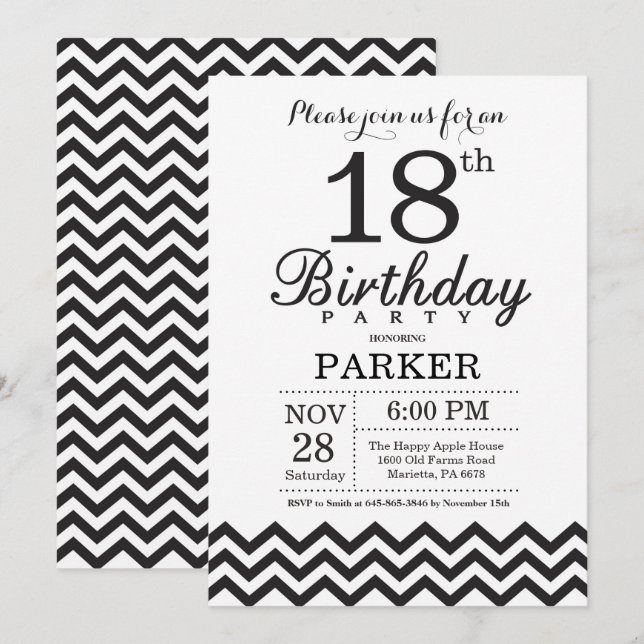 18th Birthday Invitation Black and White Chevron (Front/Back)