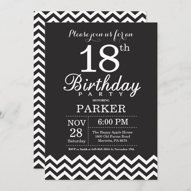 18th Birthday Invitation Black and White Chevron (Front/Back)