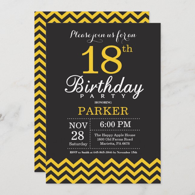 18th Birthday Invitation Black and Yellow Chevron (Front/Back)