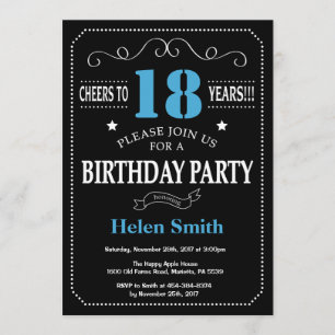 18th Birthday Invitation Blue and Black Chalkboard