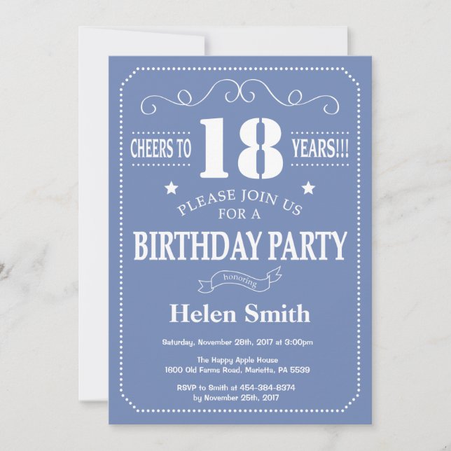 18th Birthday Invitation Blue and White (Front)