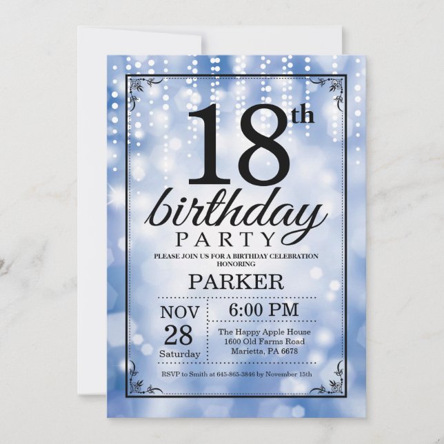 18th Birthday Invitation Blue Glitter (Front)
