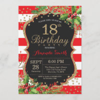 18th Birthday Invitation. Christmas Red Black Gold
