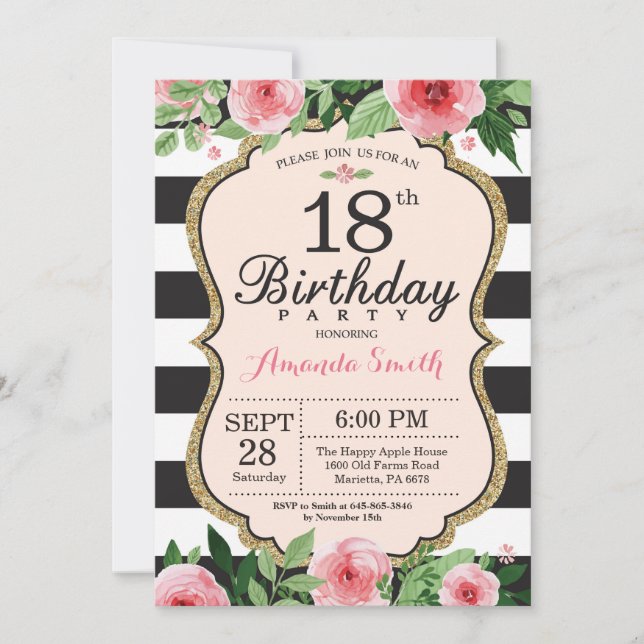 18th Birthday Invitation. Floral Pink Gold Black Invitation (Front)