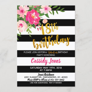 18th Birthday Invitation - Floral w/Black & White