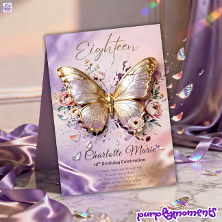 18th Birthday Invitation Gold Butterfly Floral 