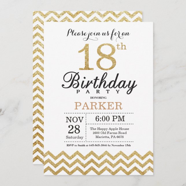 18th Birthday Invitation Gold Glitter (Front/Back)