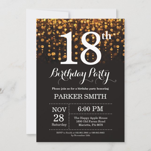 18th Birthday Invitation Gold Glitter (Front)