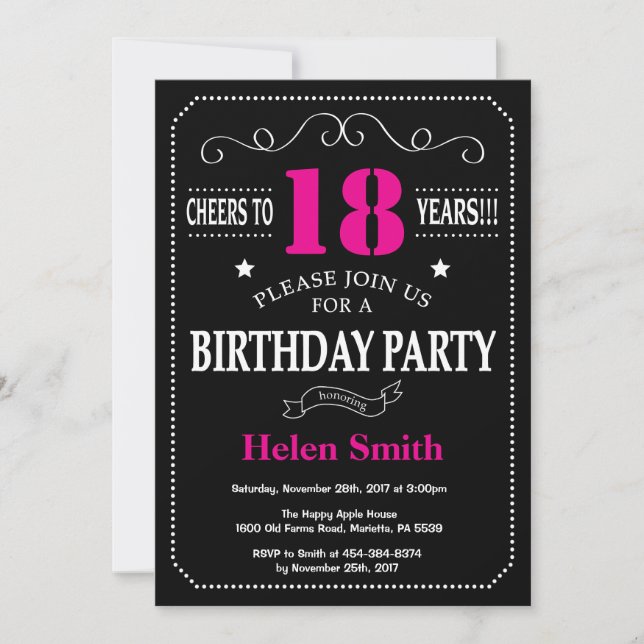18th Birthday Invitation Hot Pink Black Chalkboard (Front)