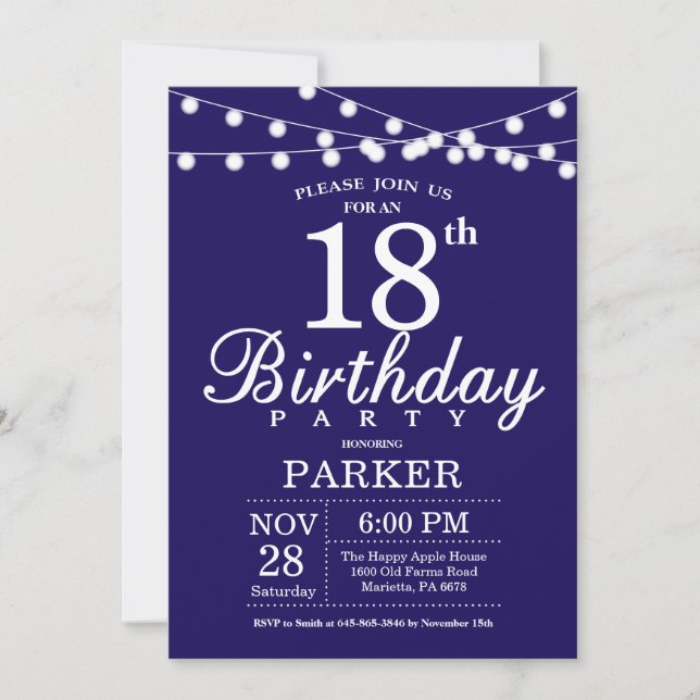 18th Birthday Invitation Navy Blue (Front)