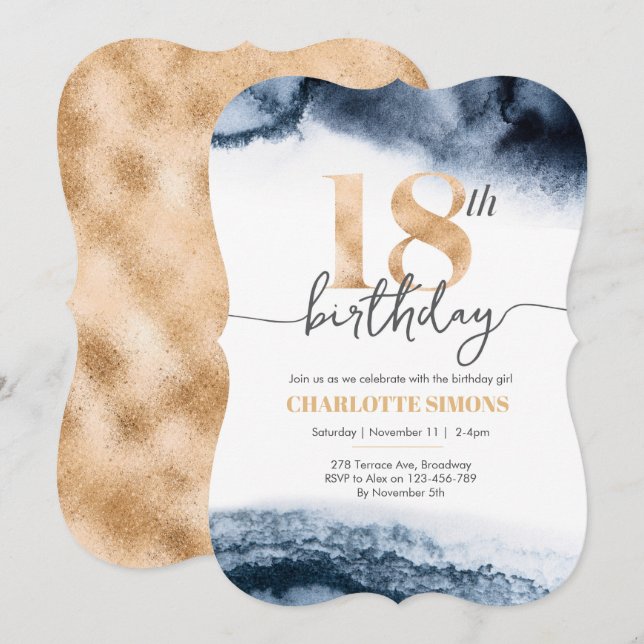18th Birthday invitation Navy watercolor and gold (Front/Back)