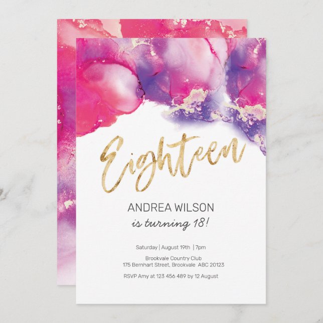 18th Birthday Invitation pink Abstract Watercolor (Front/Back)